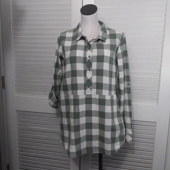 Caslon Green‎ White Large Check Cotton Flannel Tunic Roll Tab Sleeves Size Small - Picture 11 of 11